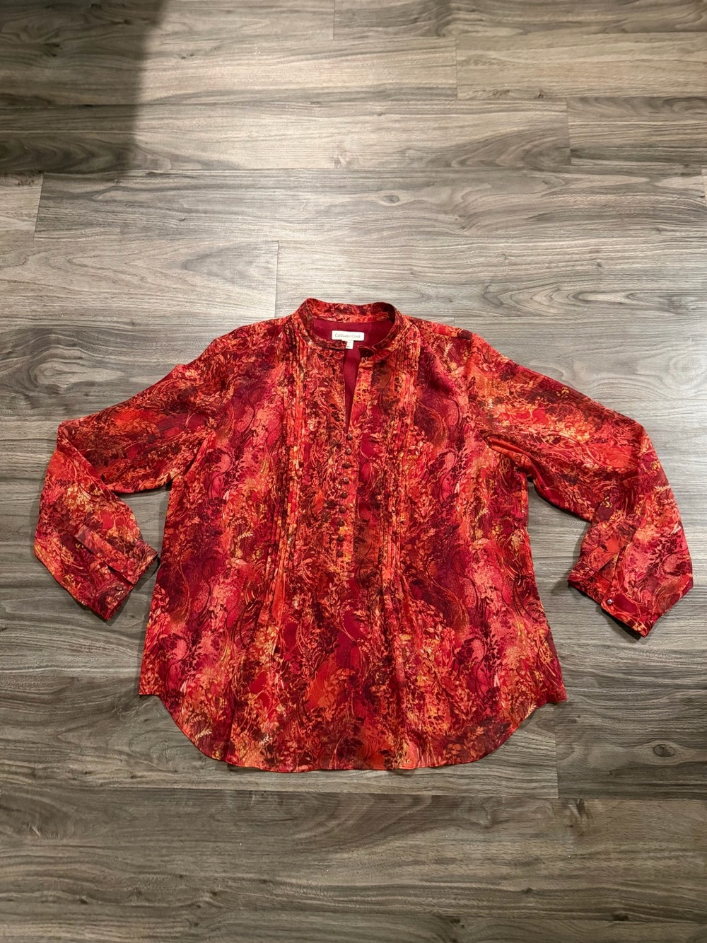 Coldwater Creek Red and Orange Marble-Print Split-Neck Tunic